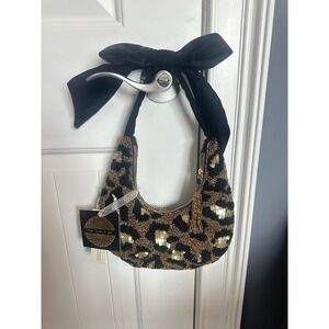 Handmade India Tik Tok Viral Beaded Sequin Leopard Handbag Velvet Bow Handle NWT